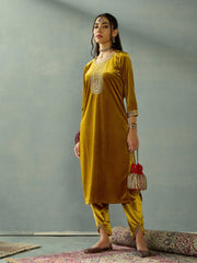 Women Mustard Velvet Embroidered Kurta With Tulip Pants