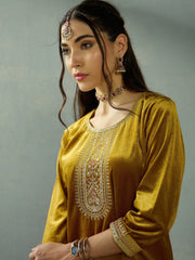 Women Mustard Velvet Embroidered Kurta With Tulip Pants