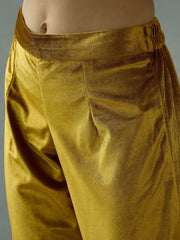 Women Mustard Velvet Embroidered Kurta With Tulip Pants