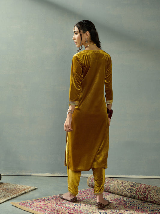 Women Mustard Velvet Embroidered Kurta With Tulip Pants