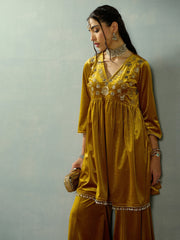 Women Mustard Velvet Embroidered Peplum Top With Palazzos