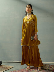 Women Mustard Velvet Embroidered Peplum Top With Palazzos