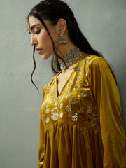 Women Mustard Velvet Embroidered Peplum Top With Palazzos