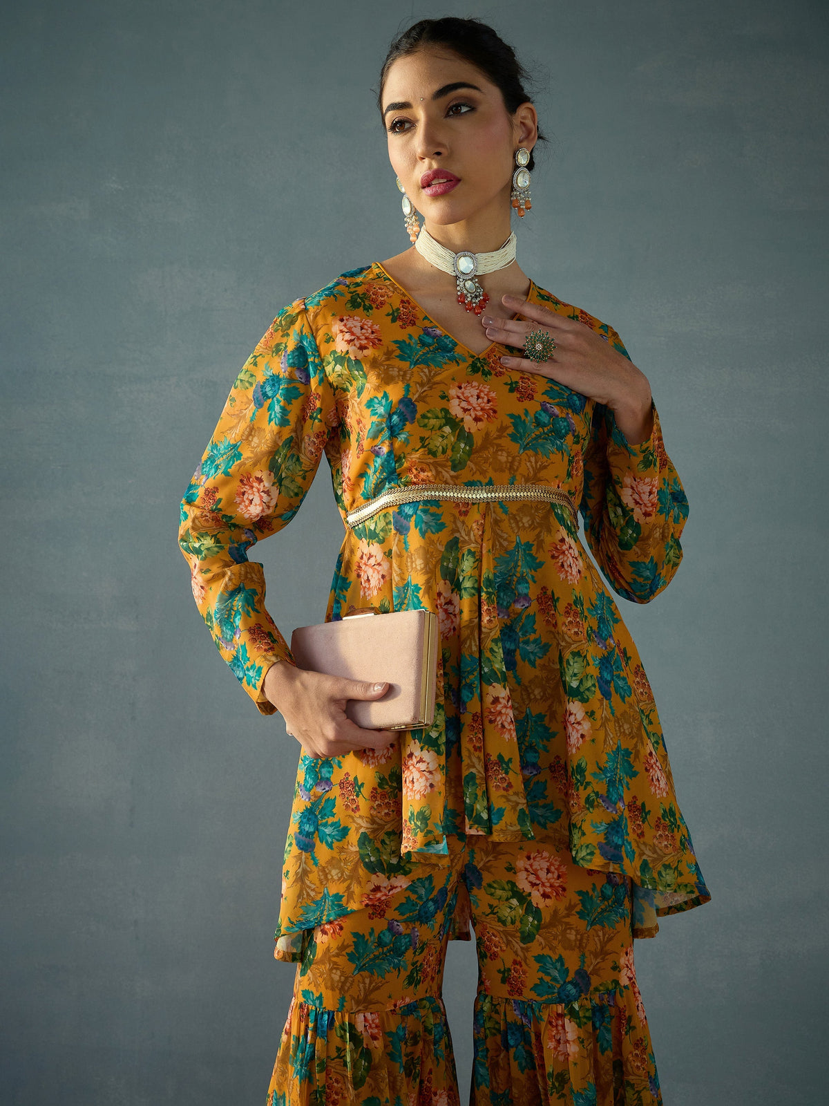 Women Yellow Floral High Low Peplum Top With Sharara Pants