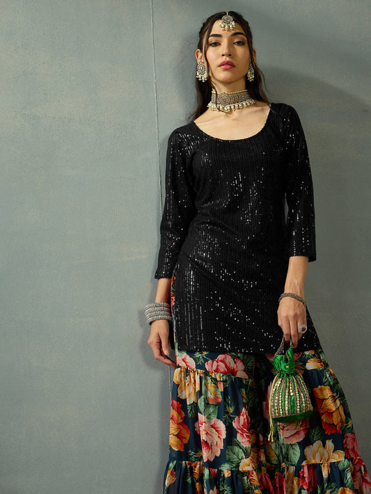 Women Black Sequence Short Kurta With Sharara Pants