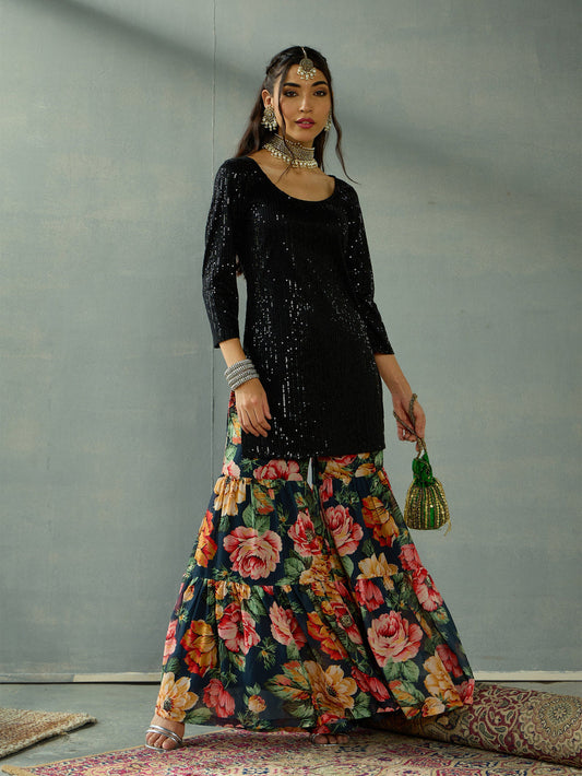 Women Black Sequence Short Kurta With Sharara Pants