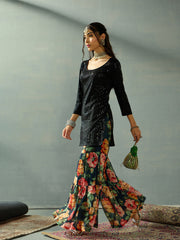 Women Black Sequence Short Kurta With Sharara Pants