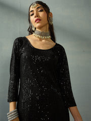 Women Black Sequence Short Kurta With Sharara Pants