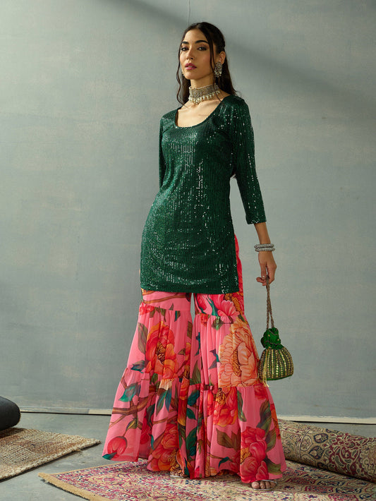 Women Green Sequence Short Kurta With Sharara Pants