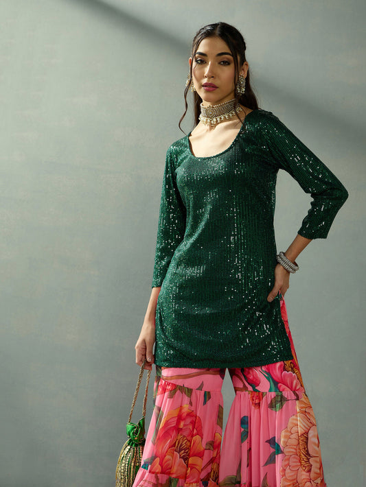 Women Green Sequence Short Kurta With Sharara Pants