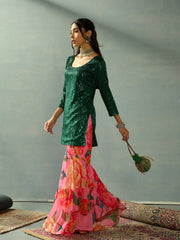 Women Green Sequence Short Kurta With Sharara Pants