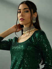 Women Green Sequence Short Kurta With Sharara Pants