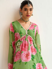 Women Green Floral Peplum Top With Bais Flared Sharara