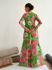 Women Green Floral Peplum Top With Bais Flared Sharara