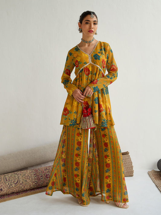 Women Mustard Floral Peplum Top With Bais Flared Sharara