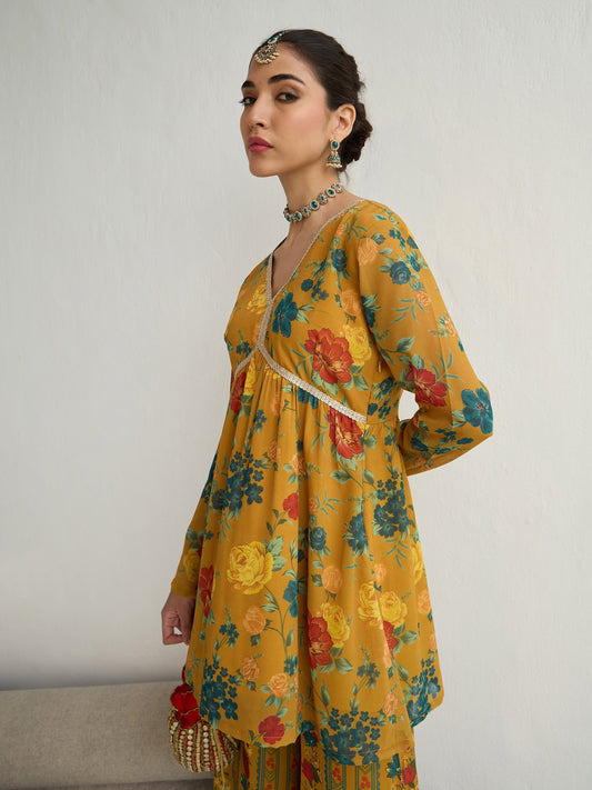 Women Mustard Floral Peplum Top With Bais Flared Sharara