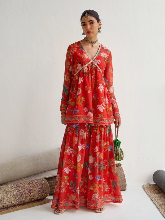 Women Red Floral Peplum Top With Sharara