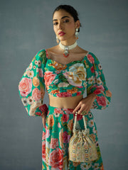 Women Green Floral Ruching Top With Anarkali Skirt