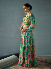 Women Green Floral Ruching Top With Anarkali Skirt