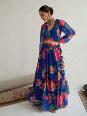 Women Navy & Red Floral Wrap Top With Anarkali Skirt