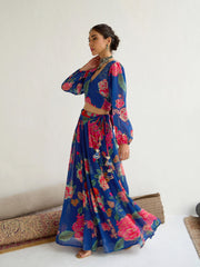 Women Navy & Red Floral Wrap Top With Anarkali Skirt