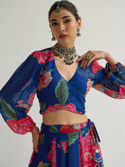 Women Navy & Red Floral Wrap Top With Anarkali Skirt