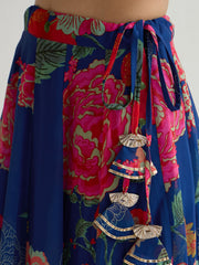 Women Navy & Red Floral Wrap Top With Anarkali Skirt