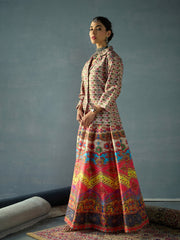 Women Beige Multi Floral Blazer Top With Anarkali Skirt