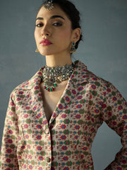 Women Beige Multi Floral Blazer Top With Anarkali Skirt