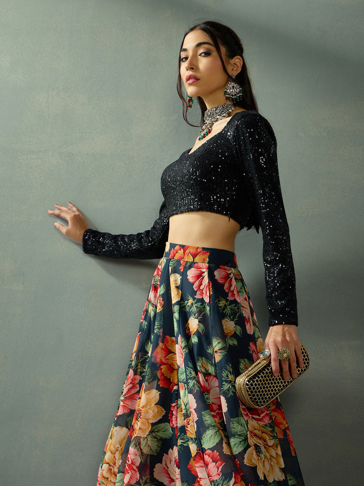 Women Black Sequence Blouse With Anarkali Skirt