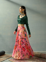 Women Green Sequence Blouse With Anarkali Skirt