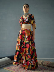 Women Black Floral Ruching Crop Top With Anarkali Skirt