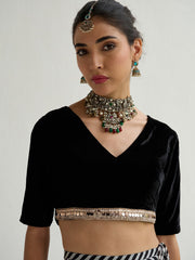 Women Black Velvet Short Sleeves Crop Top With Anarkali Skirt