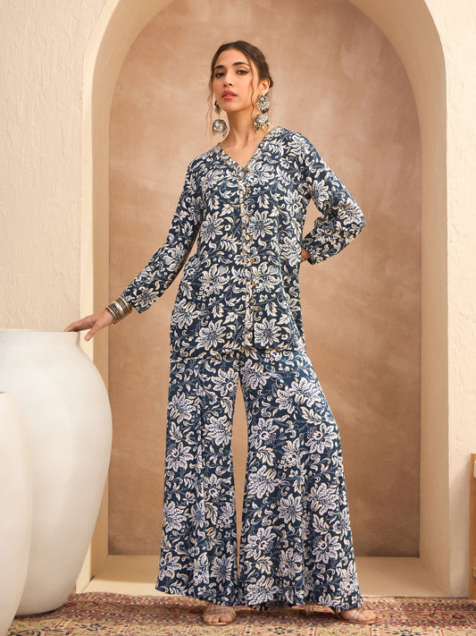 Women Blue & White Floral Shirt With Palazzos