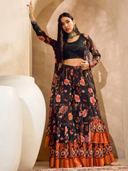 Women Black Sequins Crop Top With Floral Sharara And Shrug