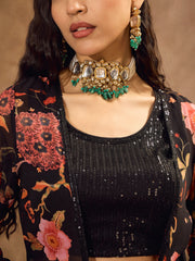 Women Black Sequins Crop Top With Floral Sharara And Shrug