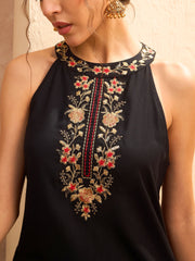 Women Black Embroidered Halter Kurta With Palazzo Pants