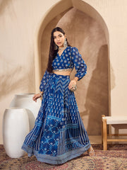 Women Blue Floral Wrap Crop Top With Anarkali Skirt