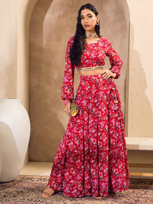 Women Red Floral Round Neck Crop Top With Anarkali Skirt