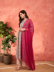 Women Grey Floral Front Dori Gathered Kurta With Pencil Pants & Dupatta