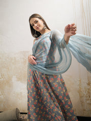Women Grey Floral Sleeveless Kurta With Pencil Pants & Dupatta