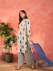 Women White & Blue Floral Straight Kurta With Pencil Pants & Dupatta