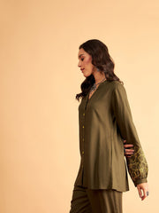 Women Olive Rayon Full Sleeves Embroidered Shirt