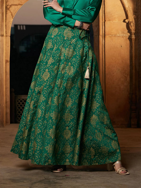 Women Green Brocade Jacquard Anarakali Skirt