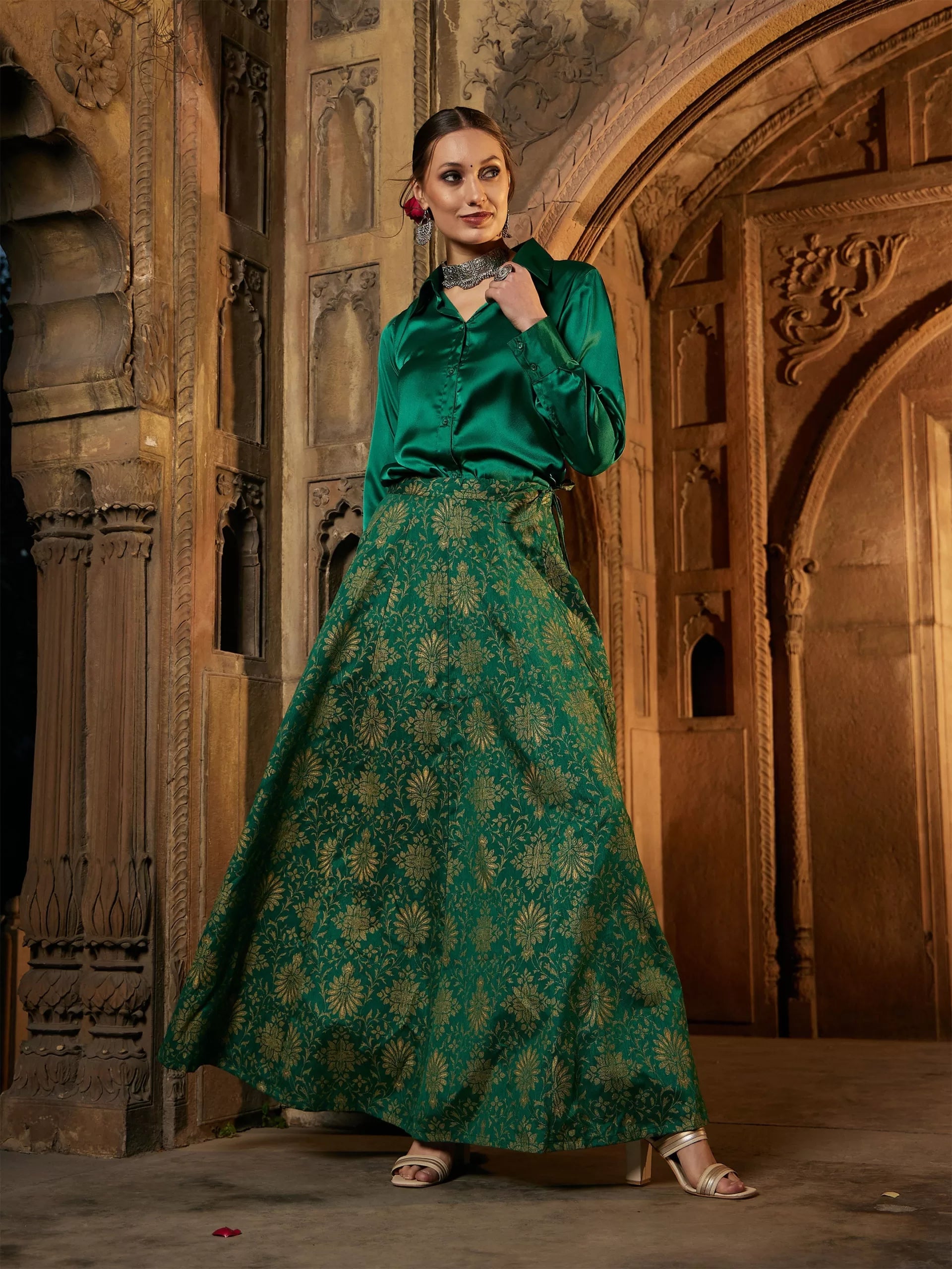 Women Green Brocade Jacquard Anarakali Skirt