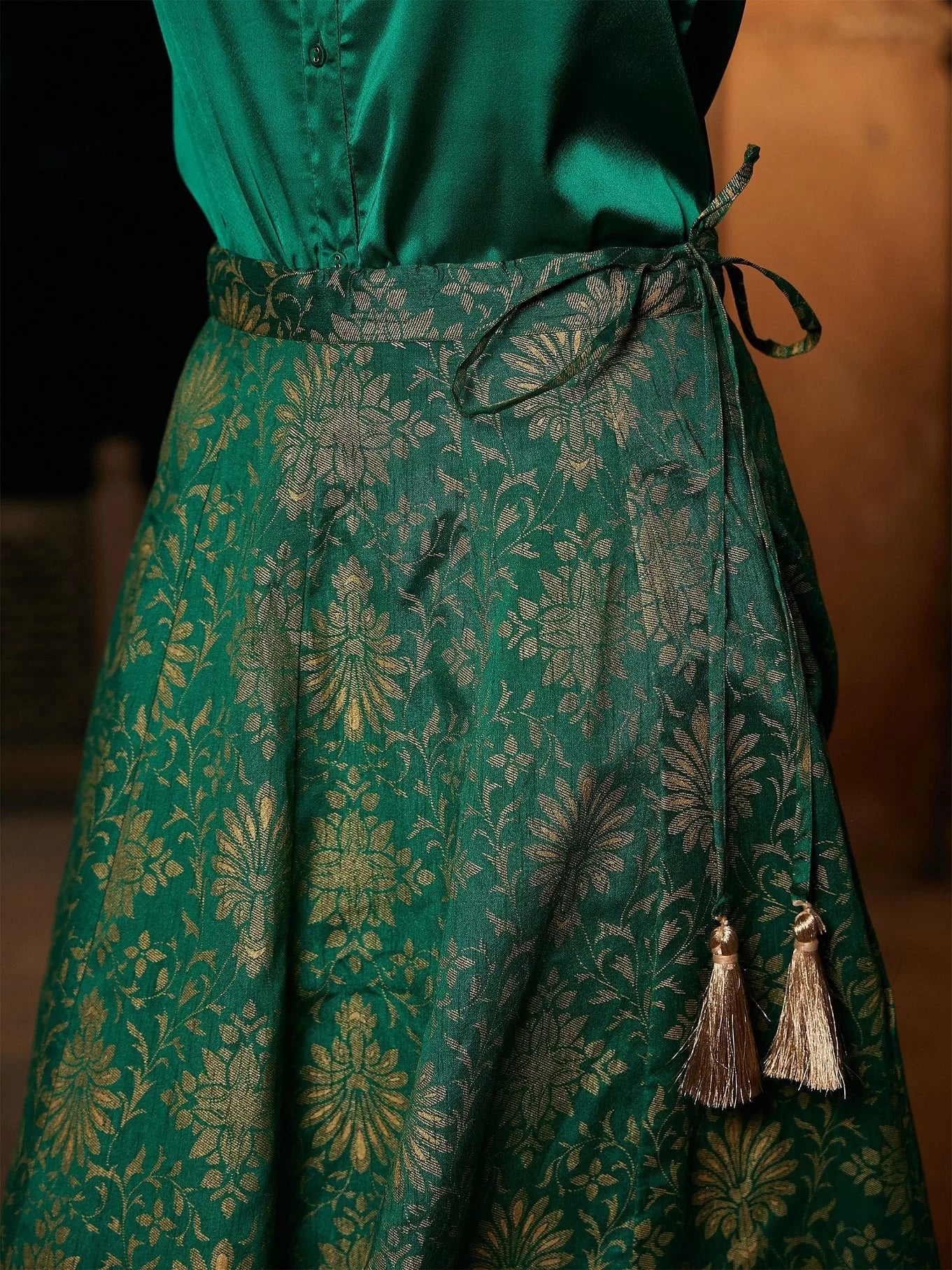 Women Green Brocade Jacquard Anarakali Skirt