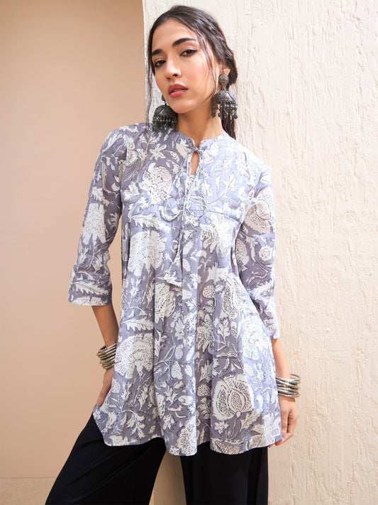 Women Grey Floral Cambric Front Tie Knot Kurti