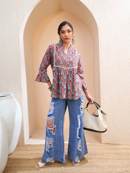 Women Red Floral Front Pin Tuck Kurti