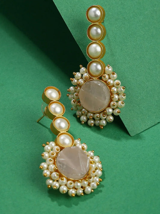 Gold-Plated Druzy Stone Studd Long Earrings