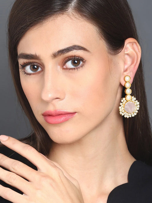 Gold-Plated Druzy Stone Studd Long Earrings